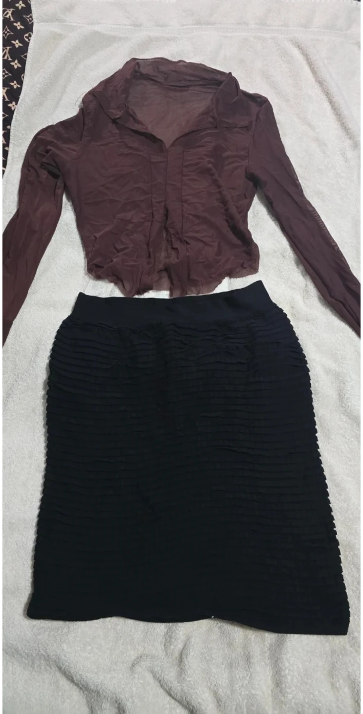 Women's Mesh Collared Top and Black Skirt Set