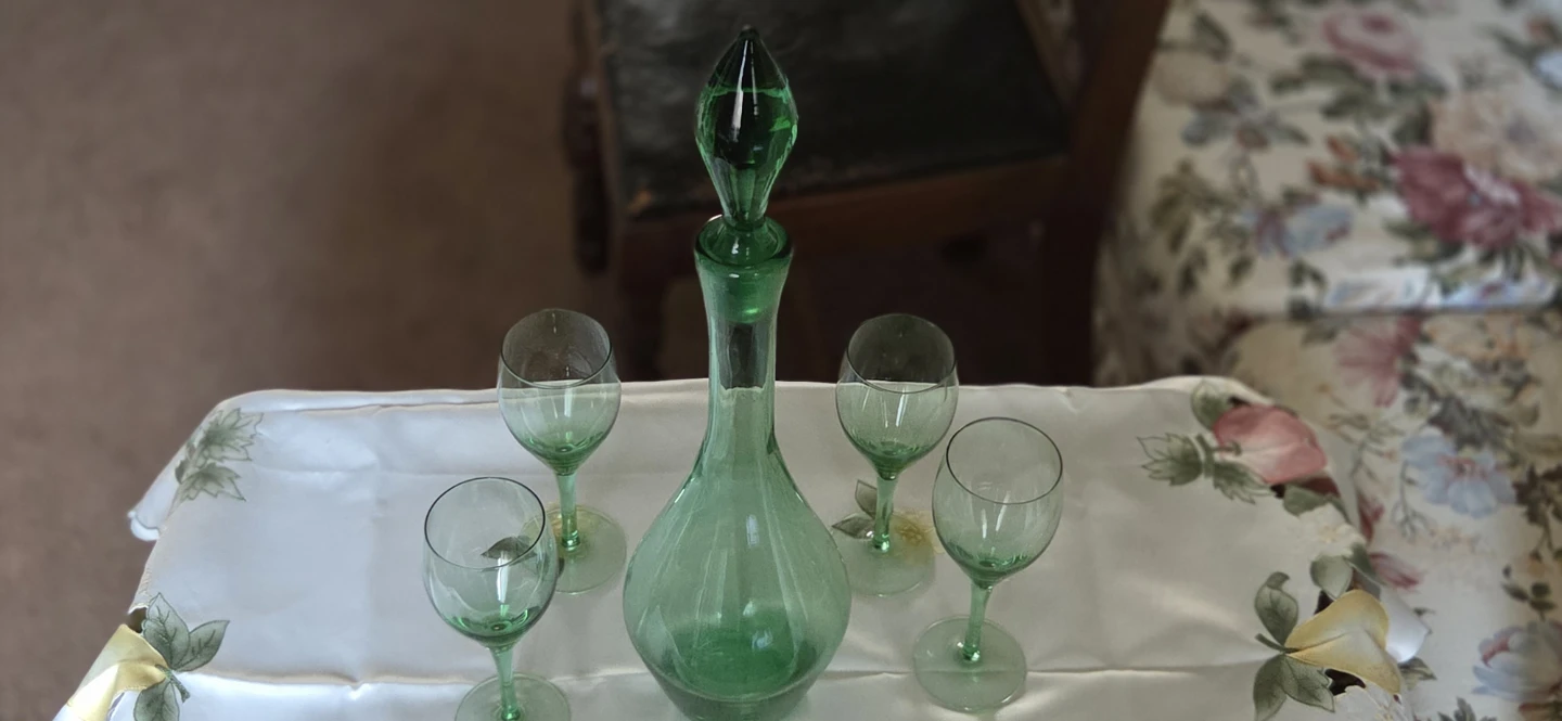 Vintage Green Glass Decanter and 4 Wine Glasses Set