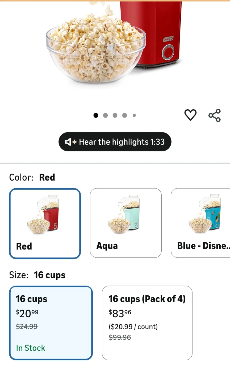 Dash Fresh Pop Popcorn Maker - Red, 16 Cups - photo 4