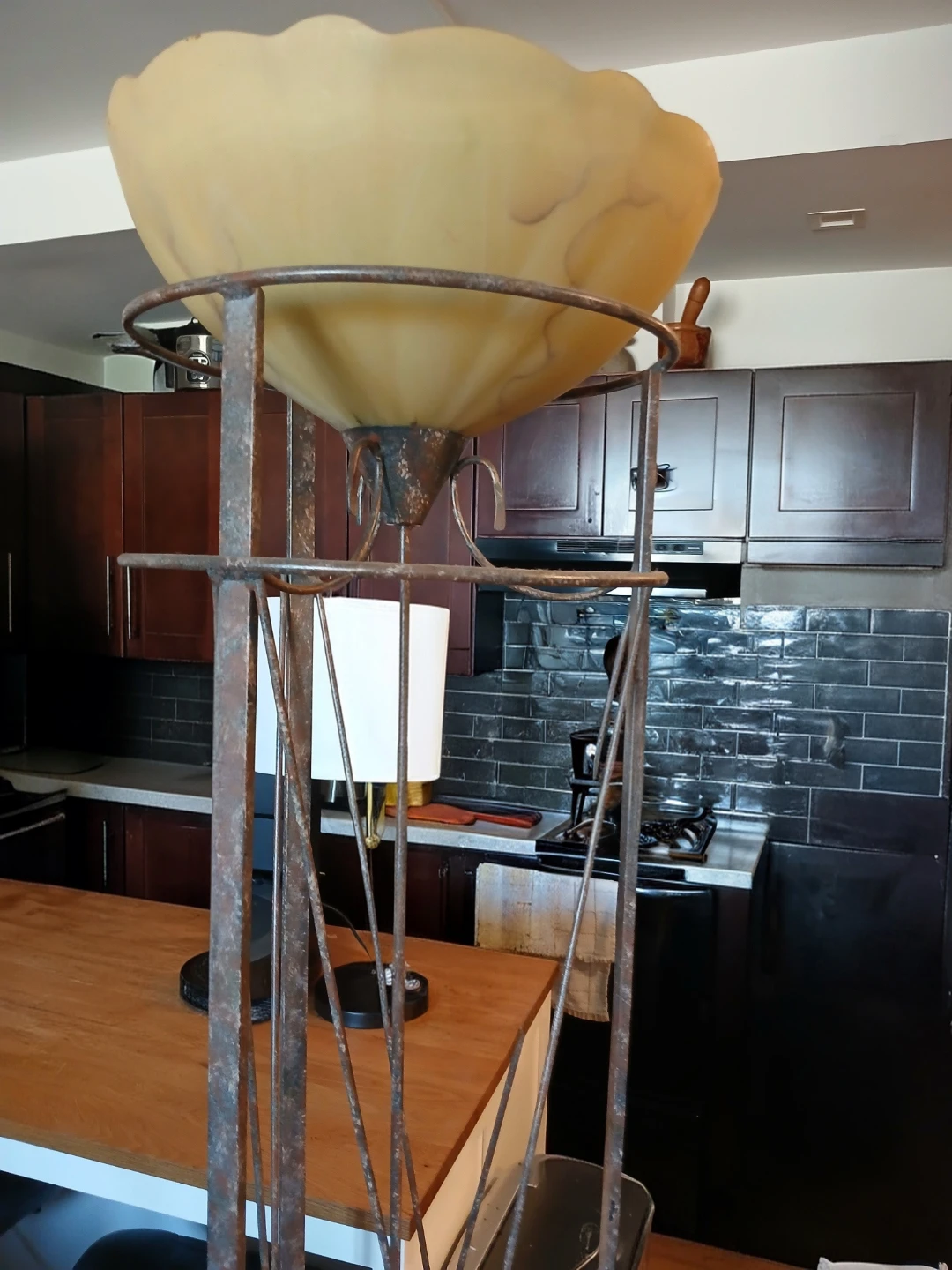 Wrought Iron Floor Lamp with Amber Glass Shade