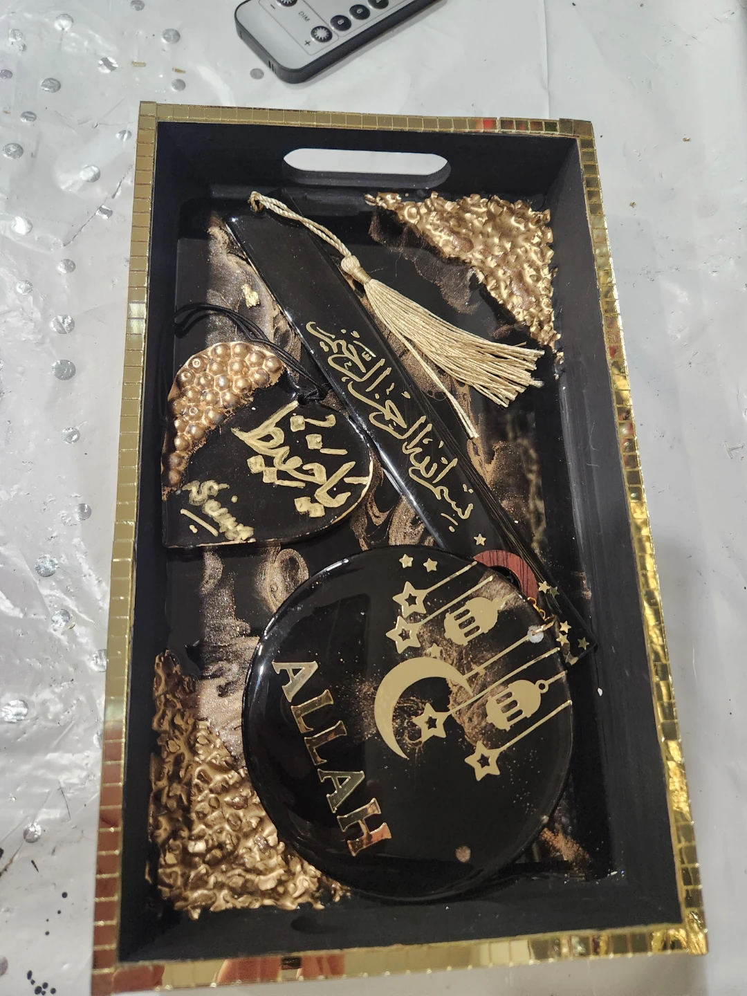 Black and Gold Islamic Tray Set with Bookmark and Keychain