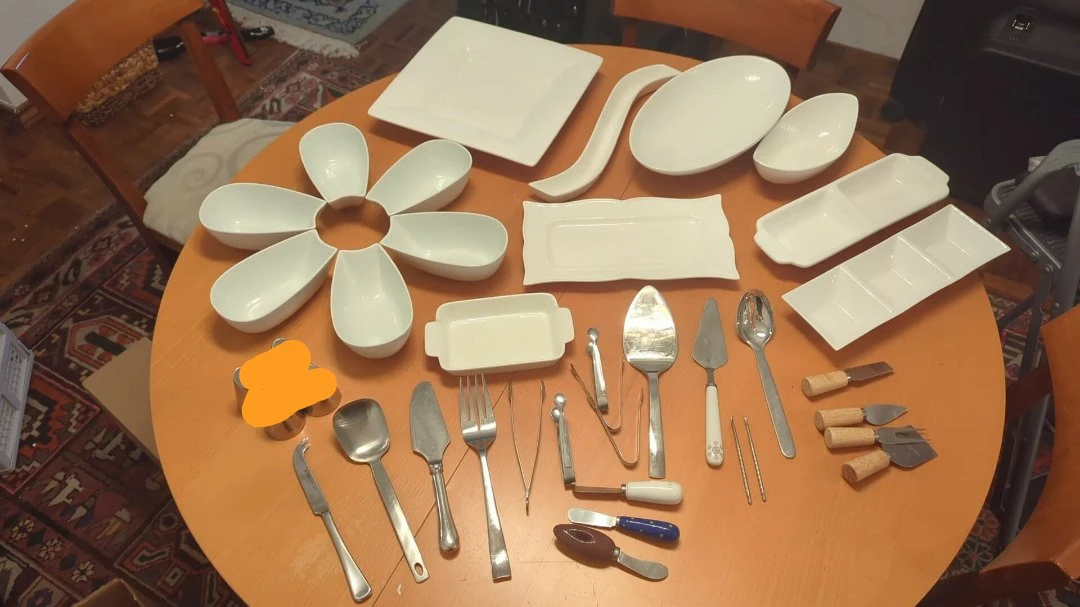 35pc Assorted White Ceramic Serving Platters and Utensils