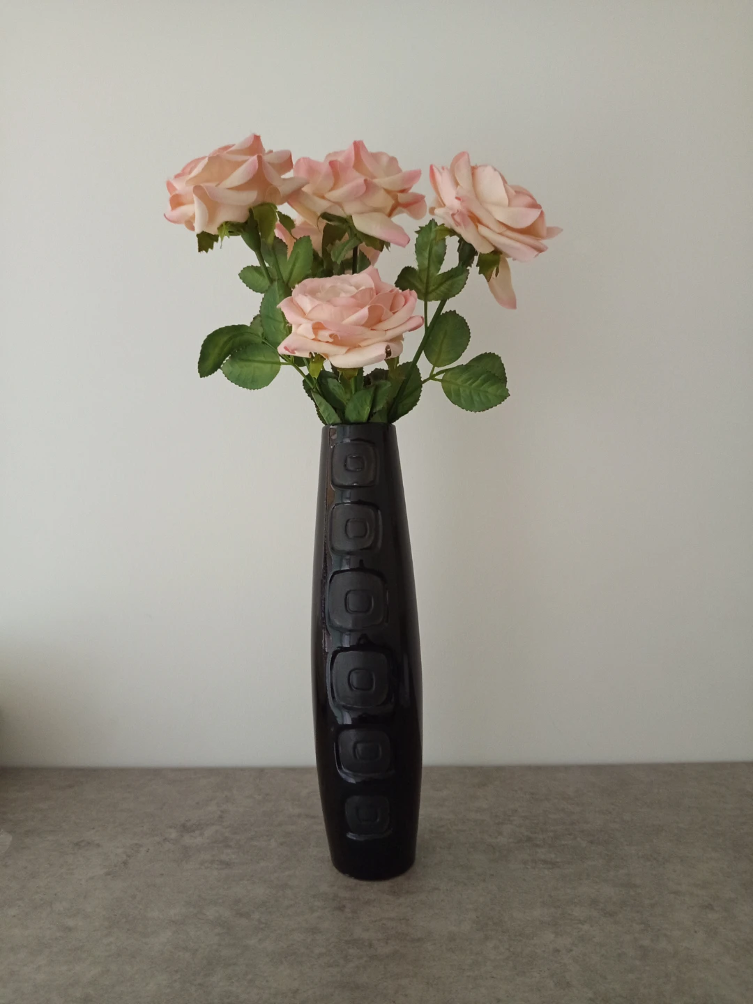 Black Decorative Vase with Embossed Squares + fake roses