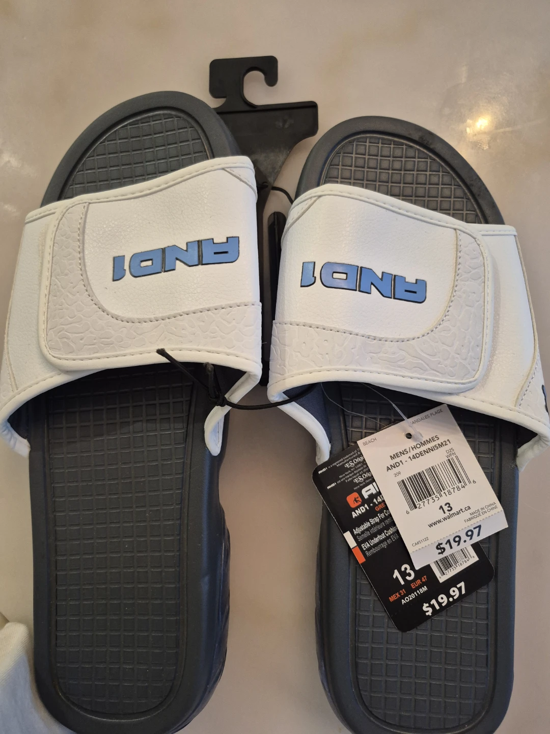 AND1 Men's Size 13 White and Blue Slide Sandals