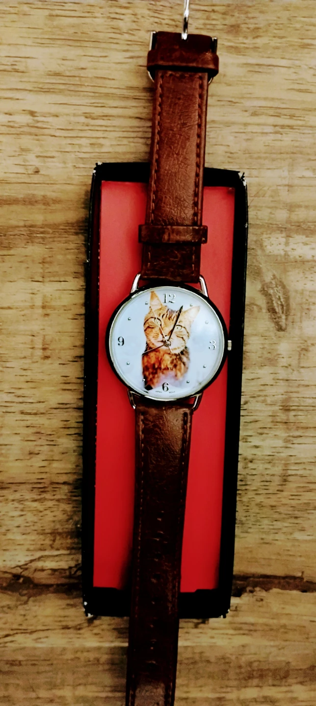 Cat Face Watch with Brown Leather Band