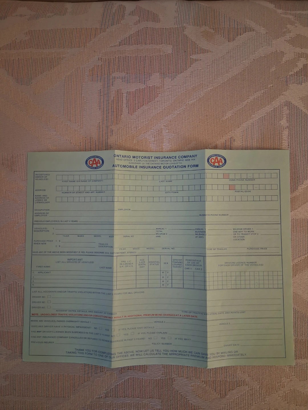 Vintage 1982 CAA Automobile Insurance quotation form