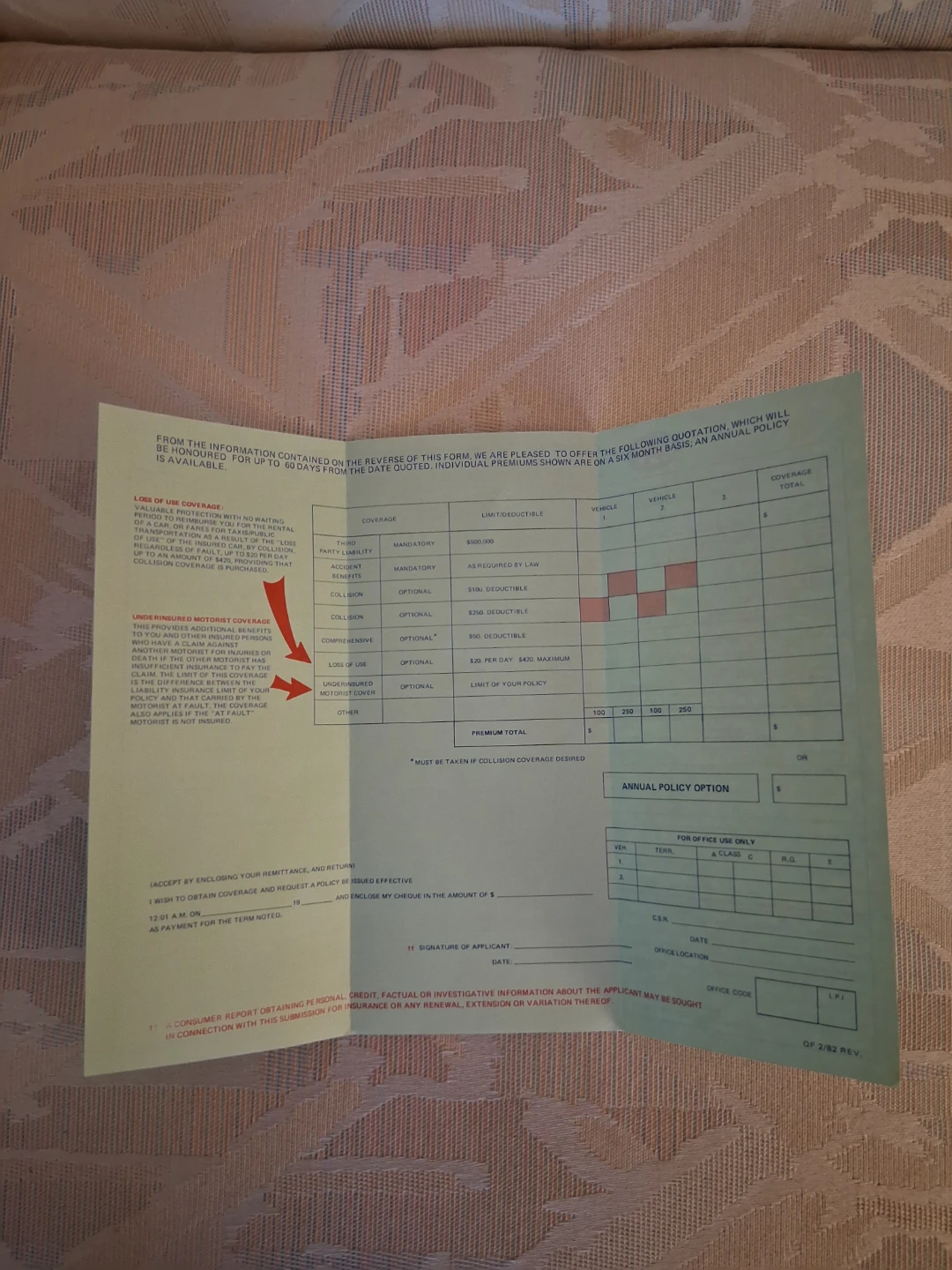 Vintage 1982 CAA Automobile Insurance quotation form - photo 2