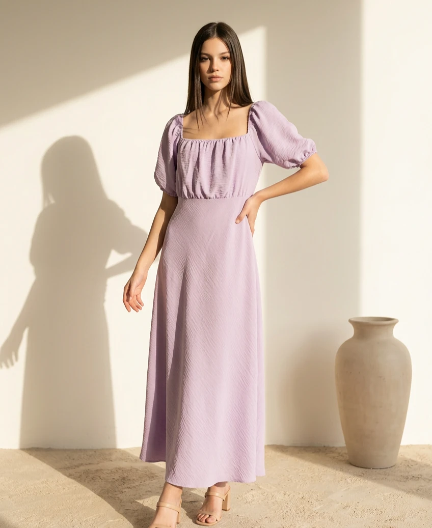 Lavender Puff Sleeve Square Neck Midi Dress