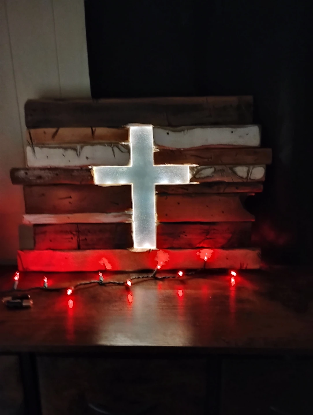 LED cross made of reclaimed material