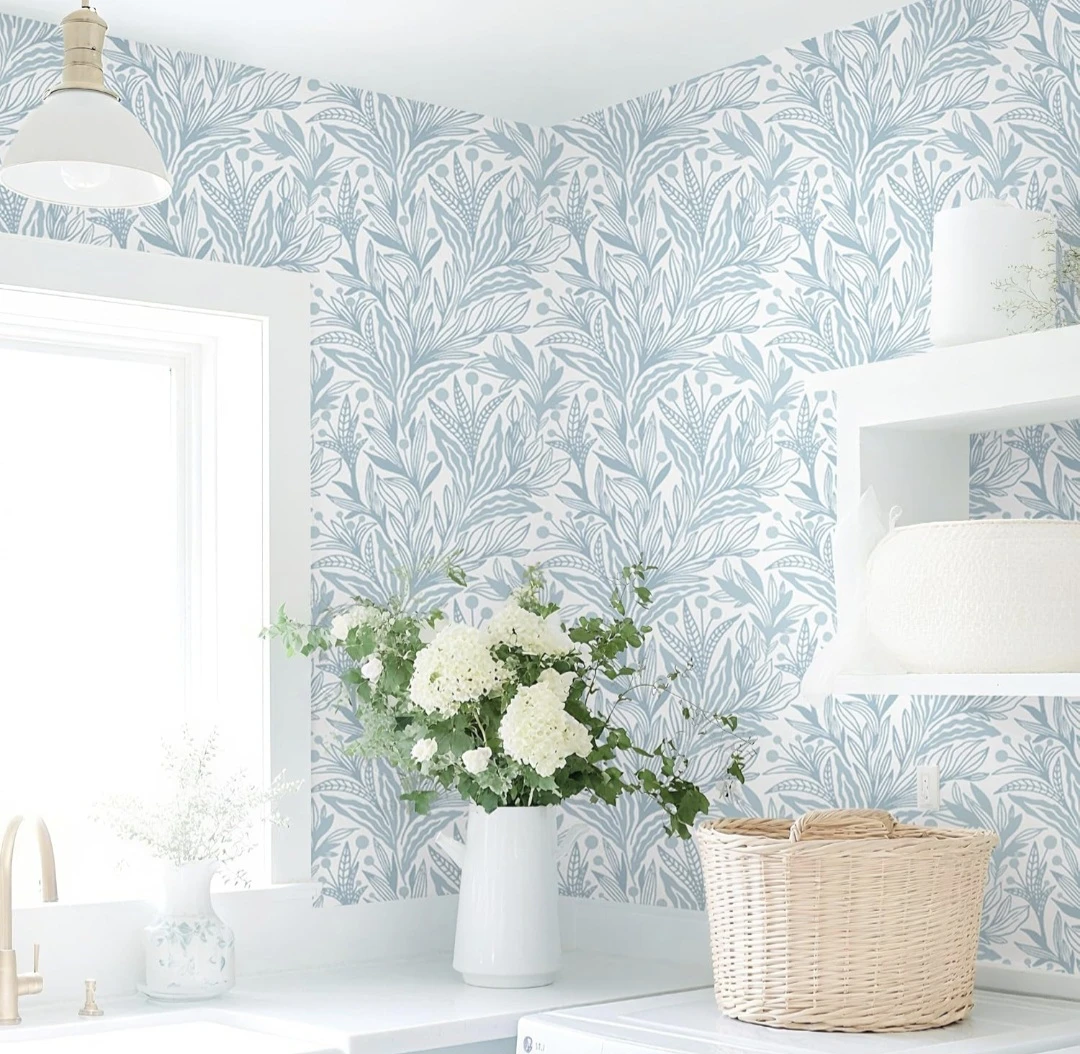 Blue White Peel & Stick Modern Floral Leaf Wallpaper 17.3"x78.7" - photo 4