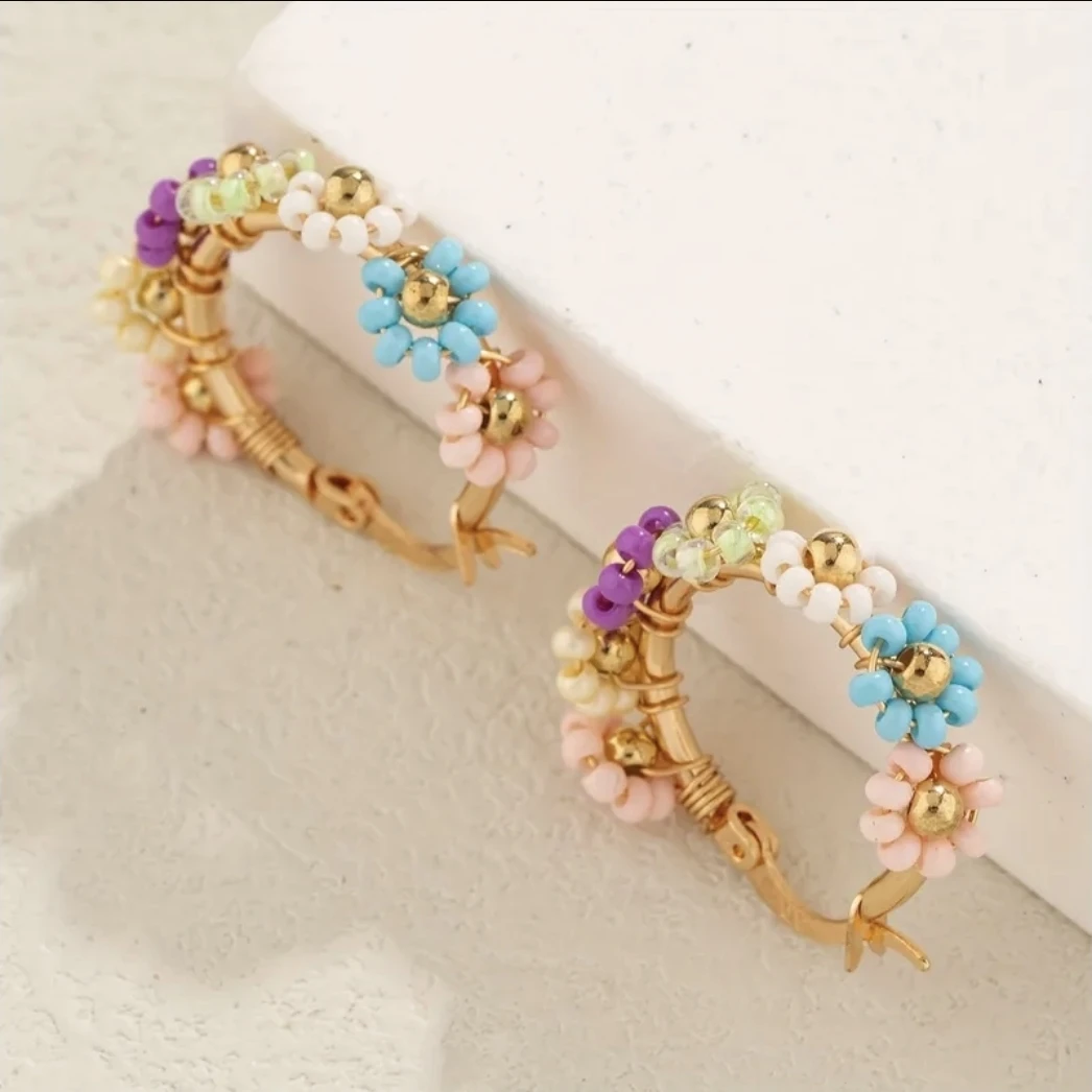 Handmade Beaded Daisy Flower Gold Hoop Earrings