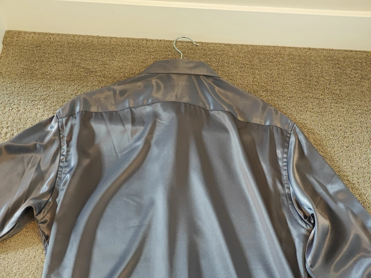 Men's Grey Satin Button-Up Dress Shirt - Regular Fit - Medium - photo 5