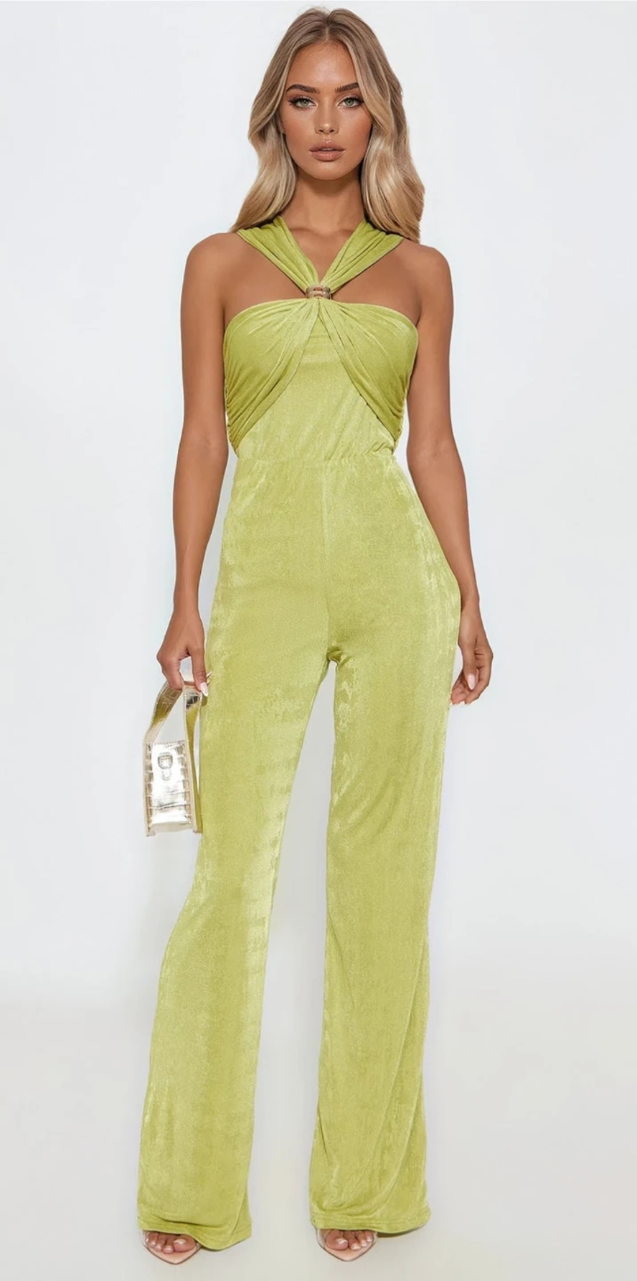 Lime Green Ruched Halter Neck Wide Leg Jumpsuit