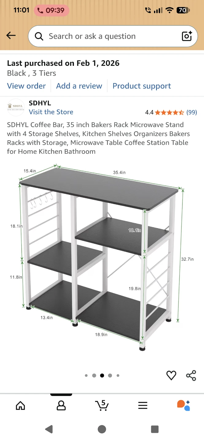 SDHYL 35 inch Bakers Rack Microwave Stand - Black, 3 Tiers - photo 3