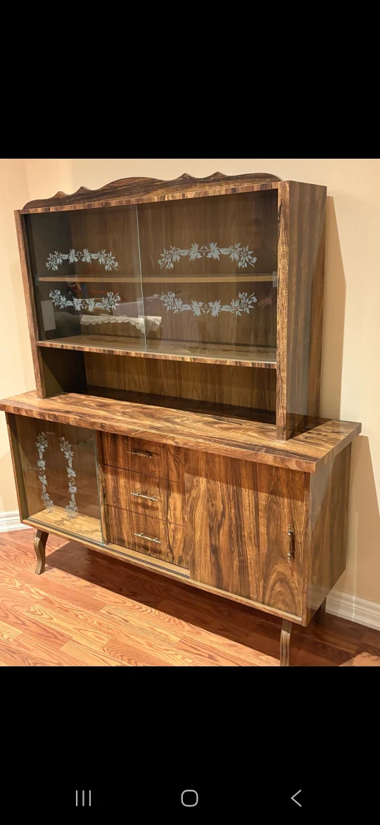 Vintage Wood China Cabinet with Glass Doors
