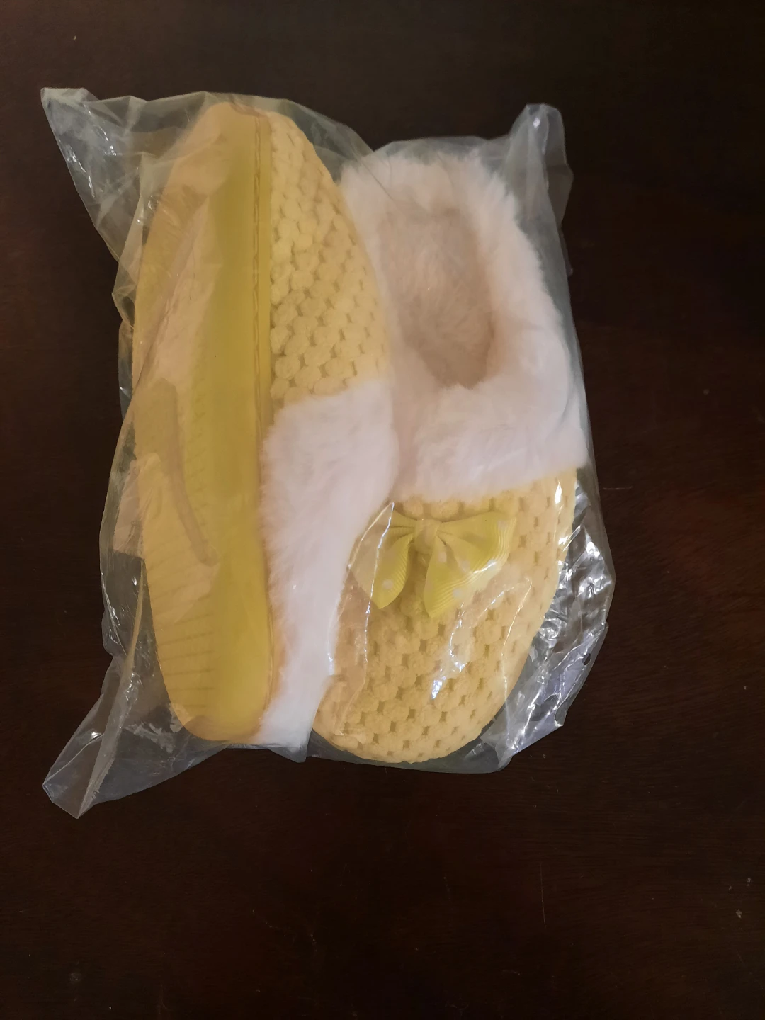 Yellow Knit Slippers with White Faux Fur Trim