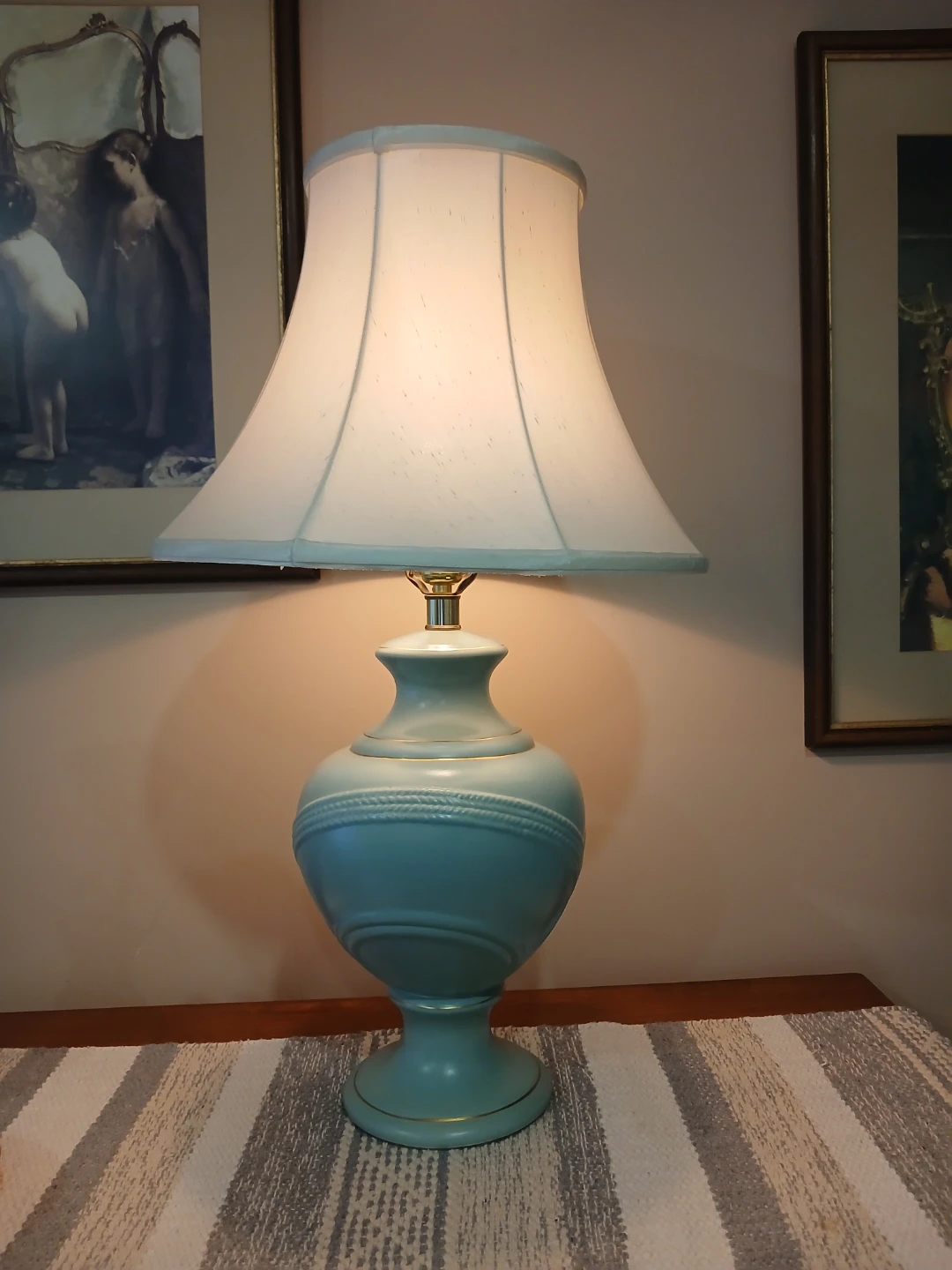 Vintage Teal Ceramic Table Lamp with White Shade
