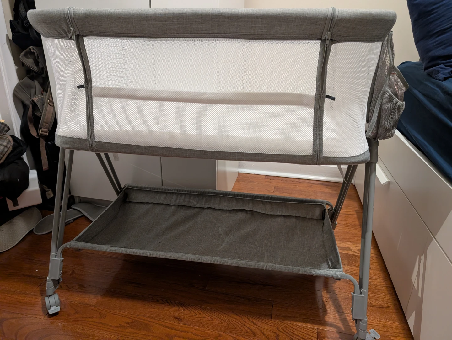 Grey Baby Bassinet with Mesh Sides