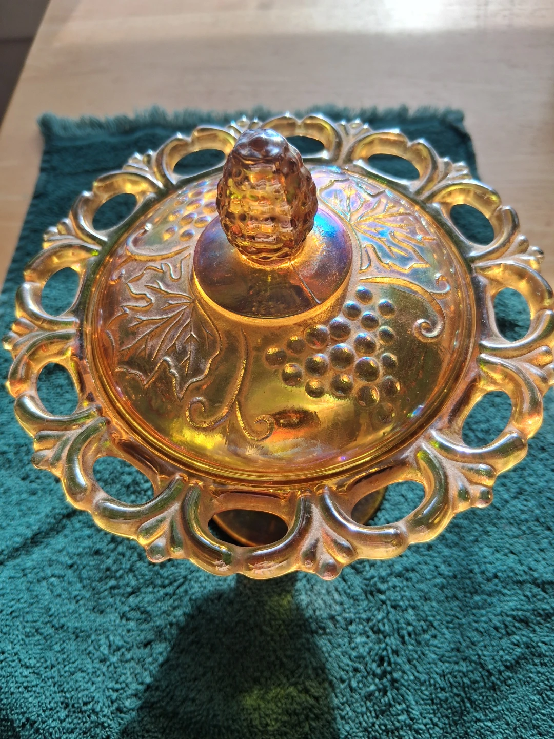 Amber Carnival Glass Covered Dish with Grape Pattern - photo 3