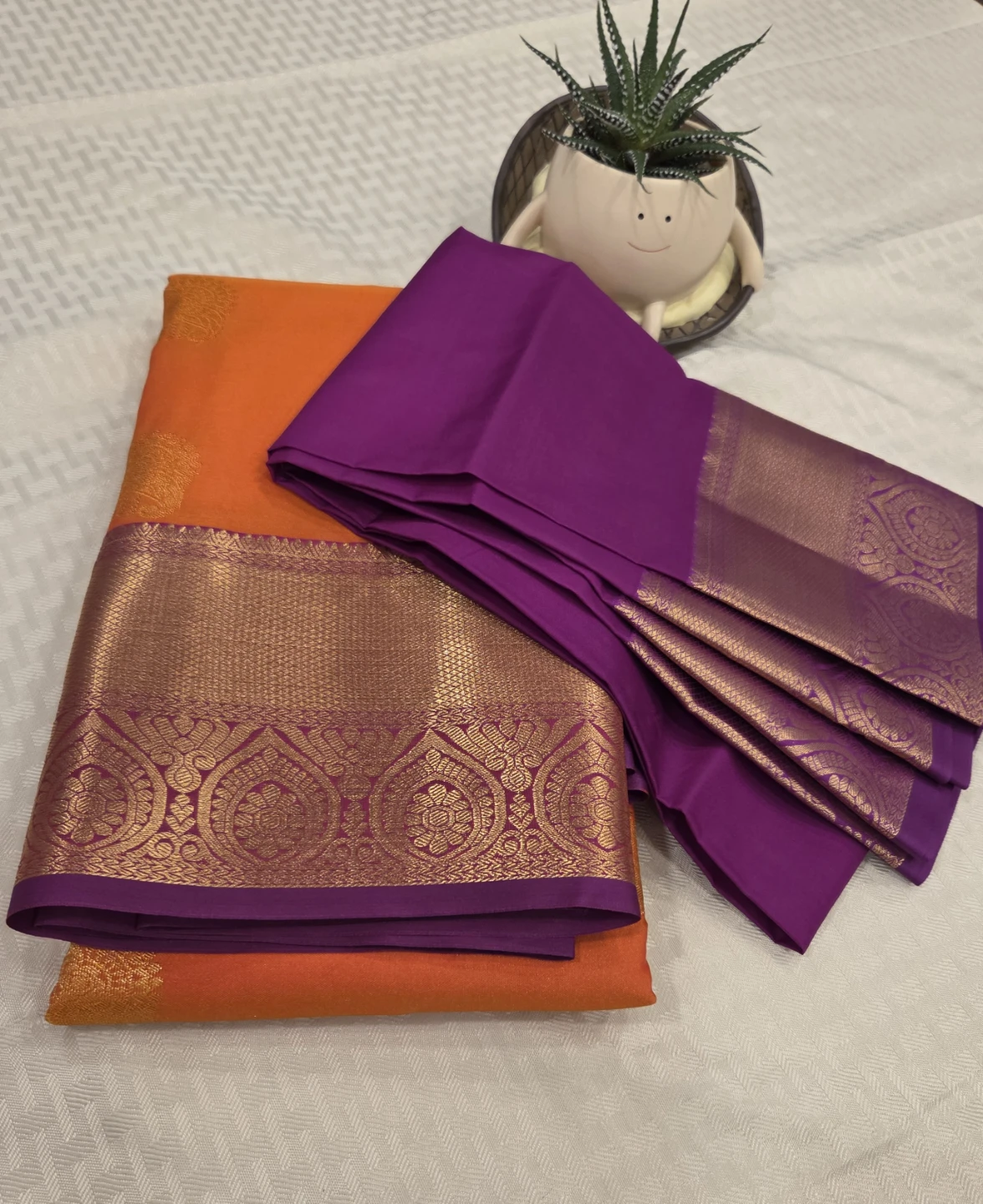 Kanchivaram Orange and Purple Silk Saree with Gold Border