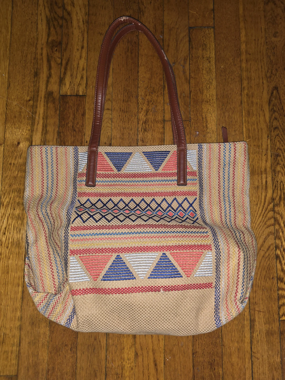 Tribal Print Tote Bag with Leather Straps