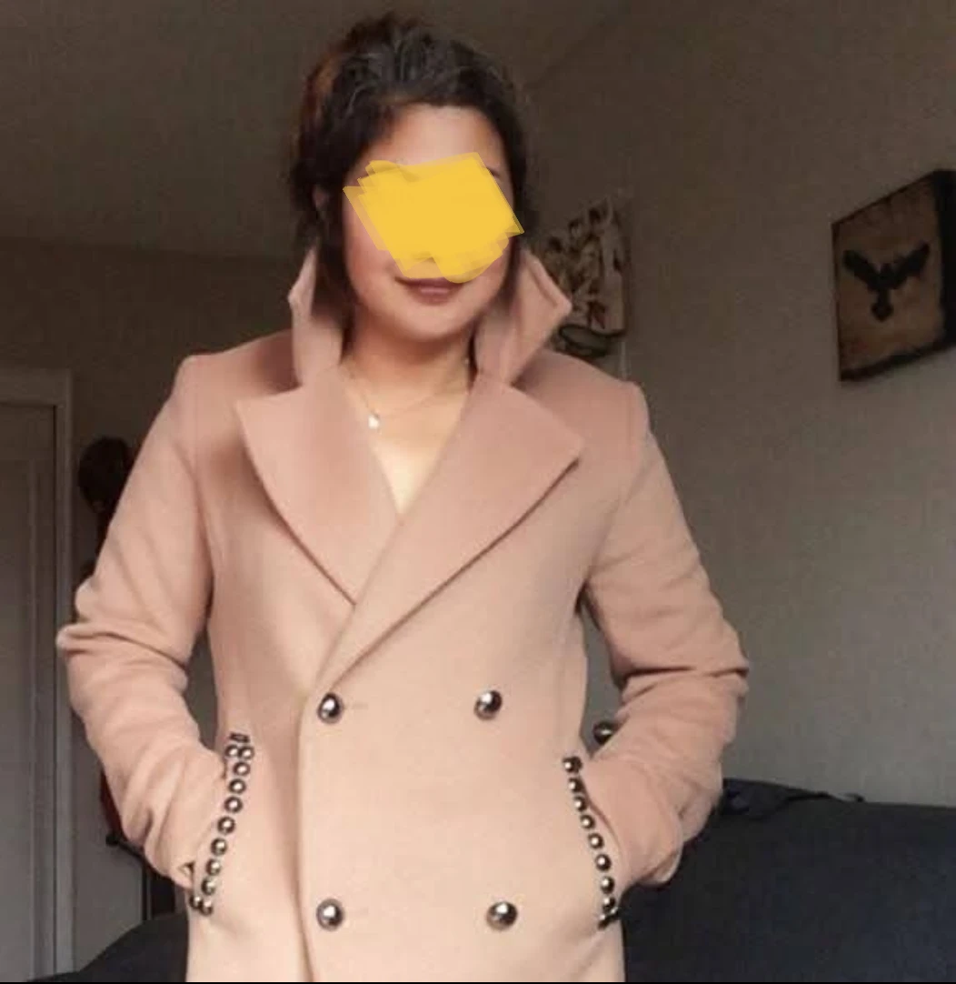 Guess Tan Double-Breasted Wool Blend Coat