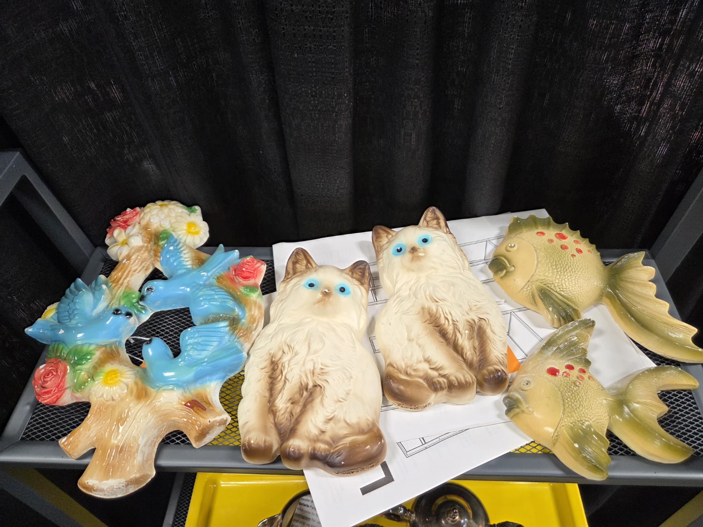 Chalkware collection. Vintage Ceramic Cat, Fish, and Birds