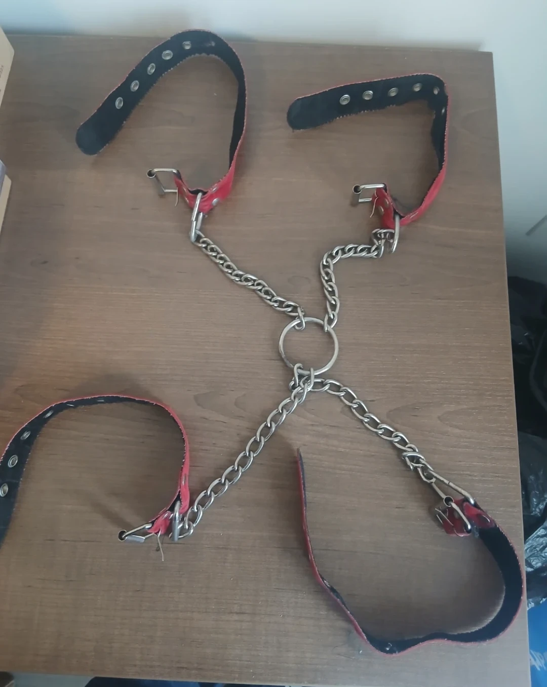 Red Faux Leather Hand and Foot Cuffs with Chain - photo 3