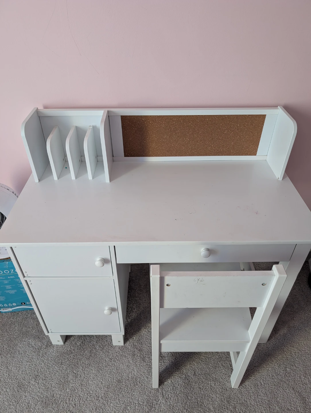 White Children's Desk and Chair Set with Corkboard