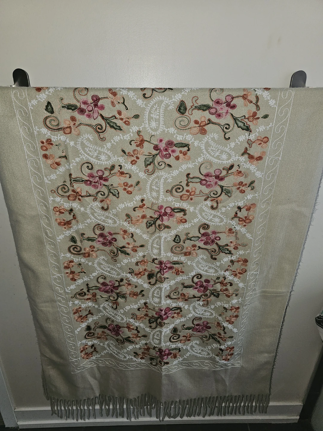 Embroidered Cashmere Scarf with Fringe