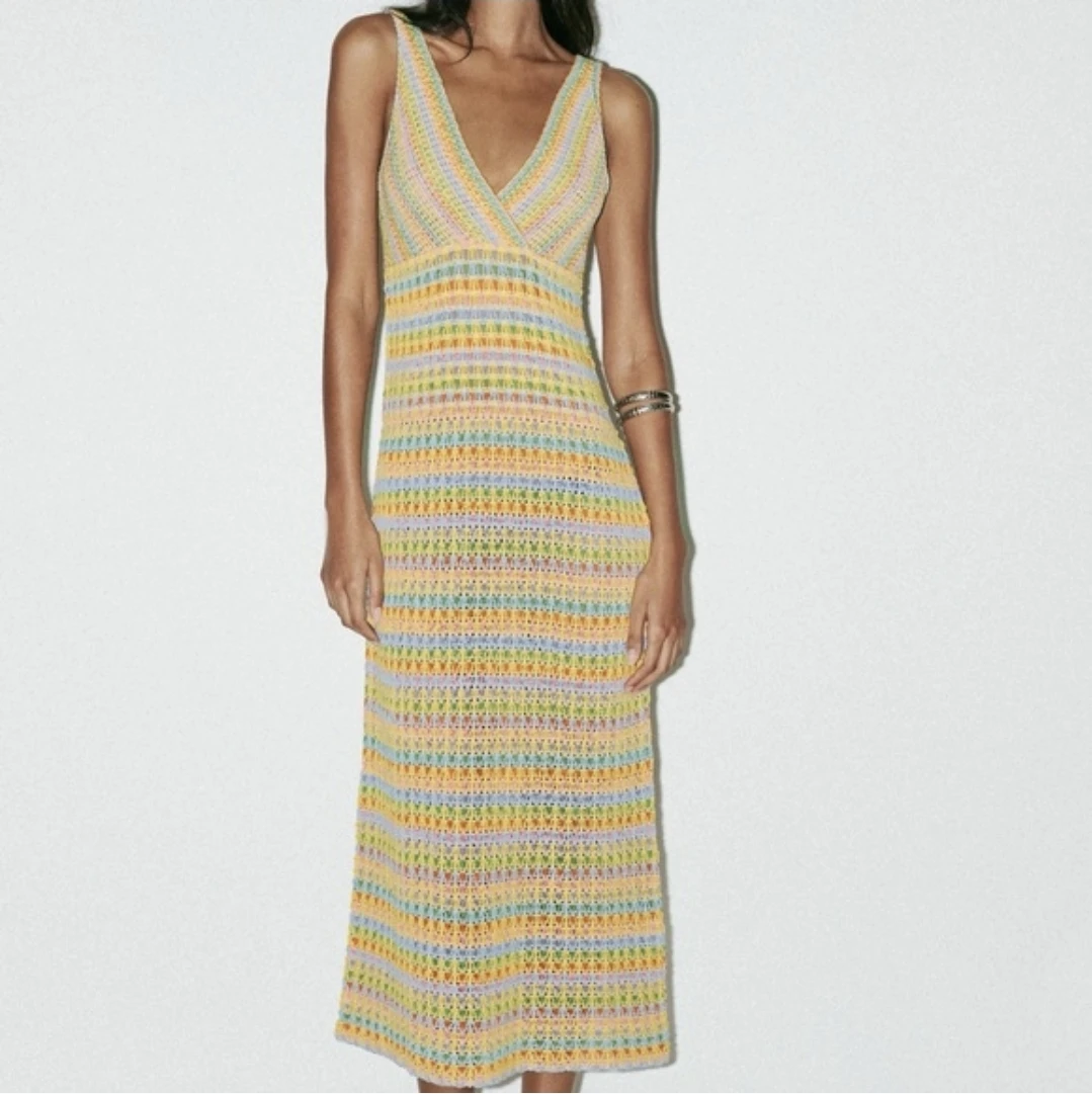 Zara Multi-Stripe Crochet Knit Midi Dress