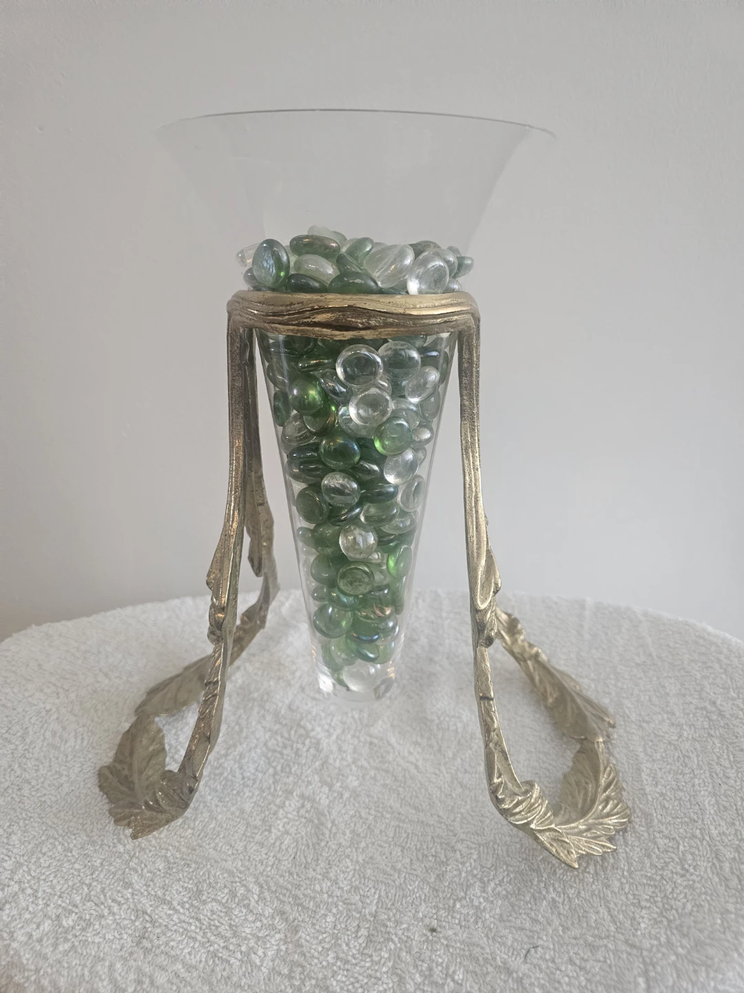 Decorative Glass Floatng Vase with Ornate Metal Stand