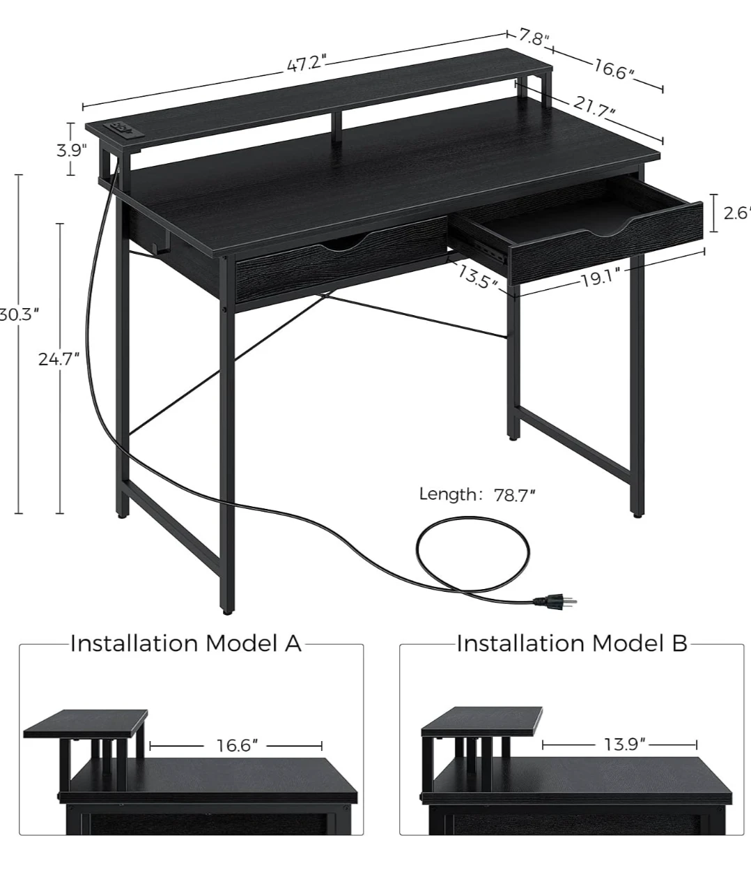 Black Compact Desk with Monitor Riser and Drawer - photo 2