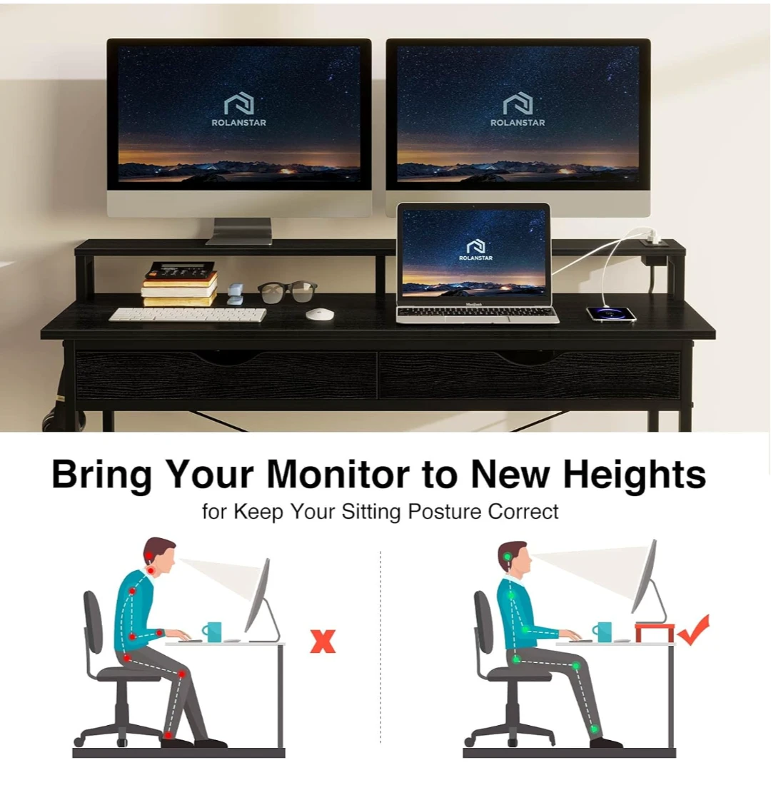 Black Compact Desk with Monitor Riser and Drawer - photo 3