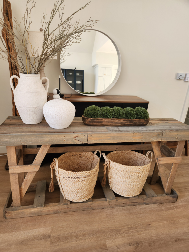 Rustic Wood Console Table with Baskets