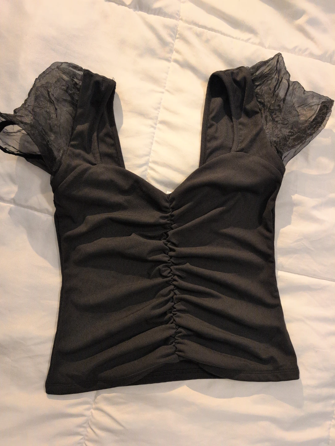 Black Ruched Mesh Sleeve Top