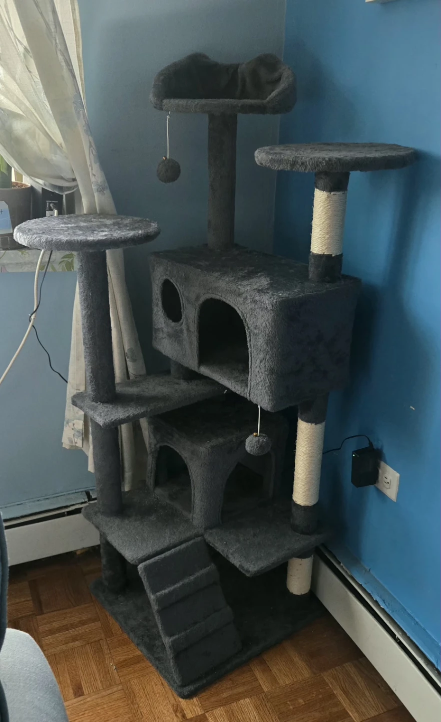 Gray Cat Tree with Multiple Levels and Condos