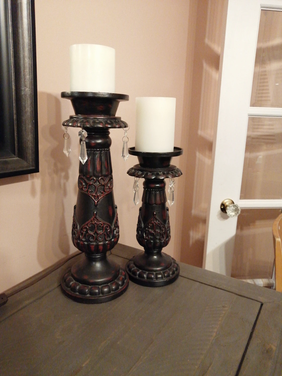 Set of 2 Ornate Black and Red Candlesticks with Crystal Dangles