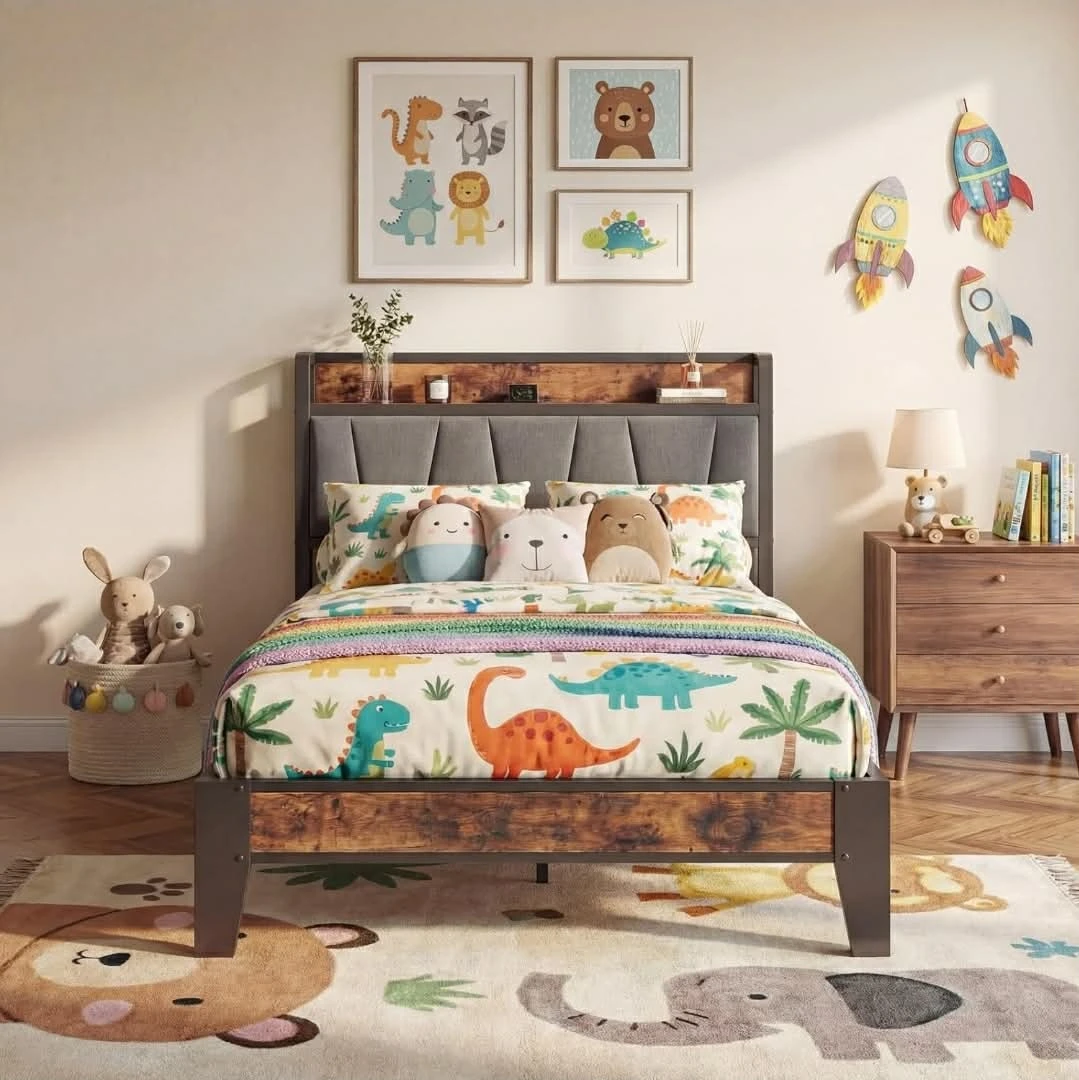 ✨️Twin Bed Frame with Upholstered Headboard & Charging Station