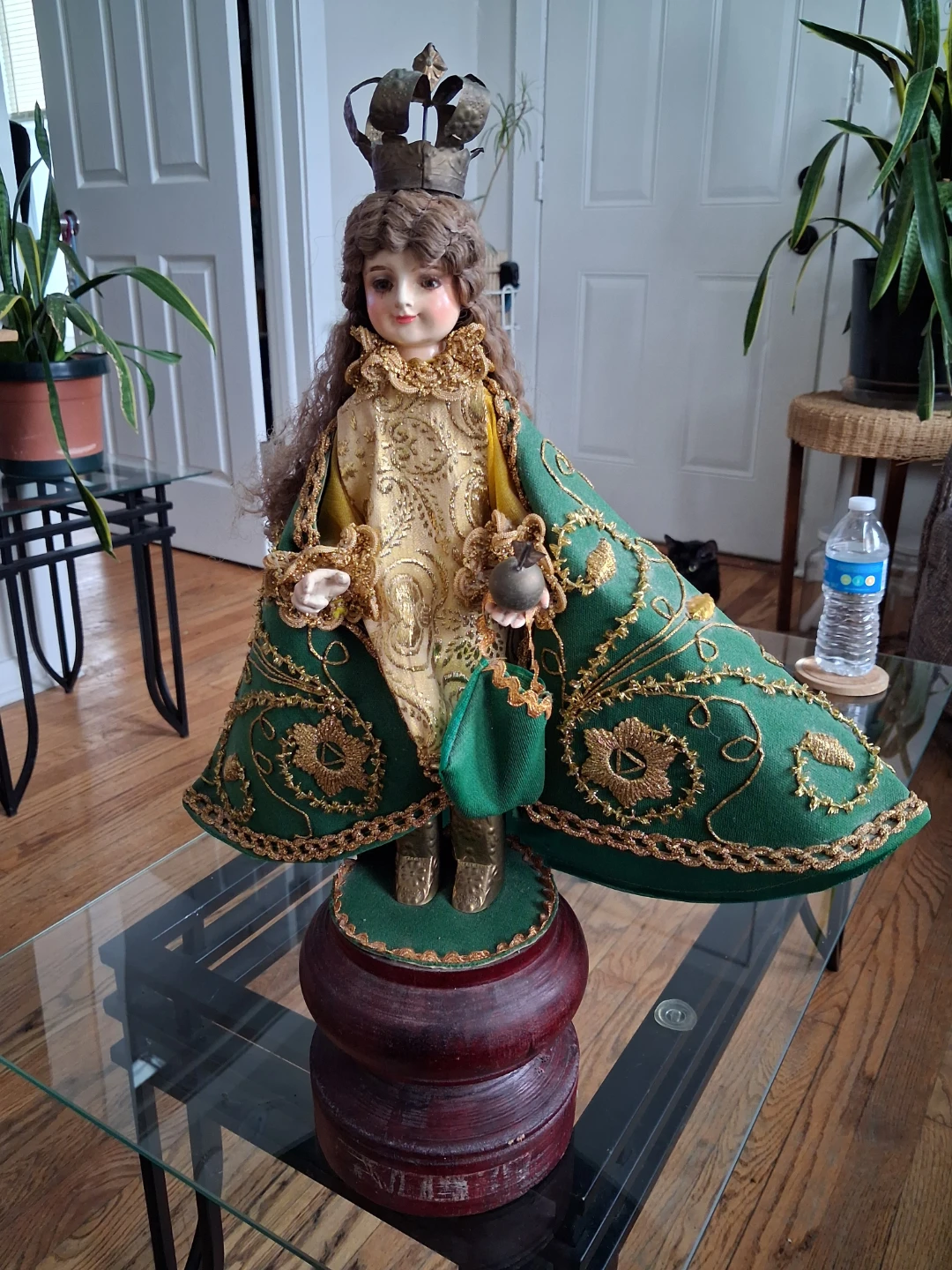Antique Religious Figurine with Crown and Ornate Robe