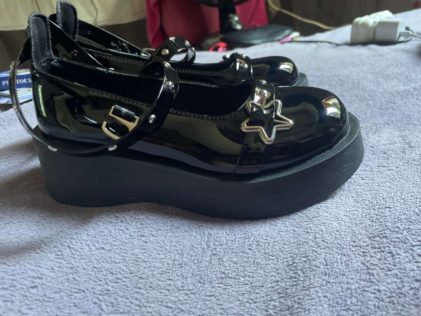 Black Patent Mary Jane Platform Shoes with Star Embellishments - photo 2