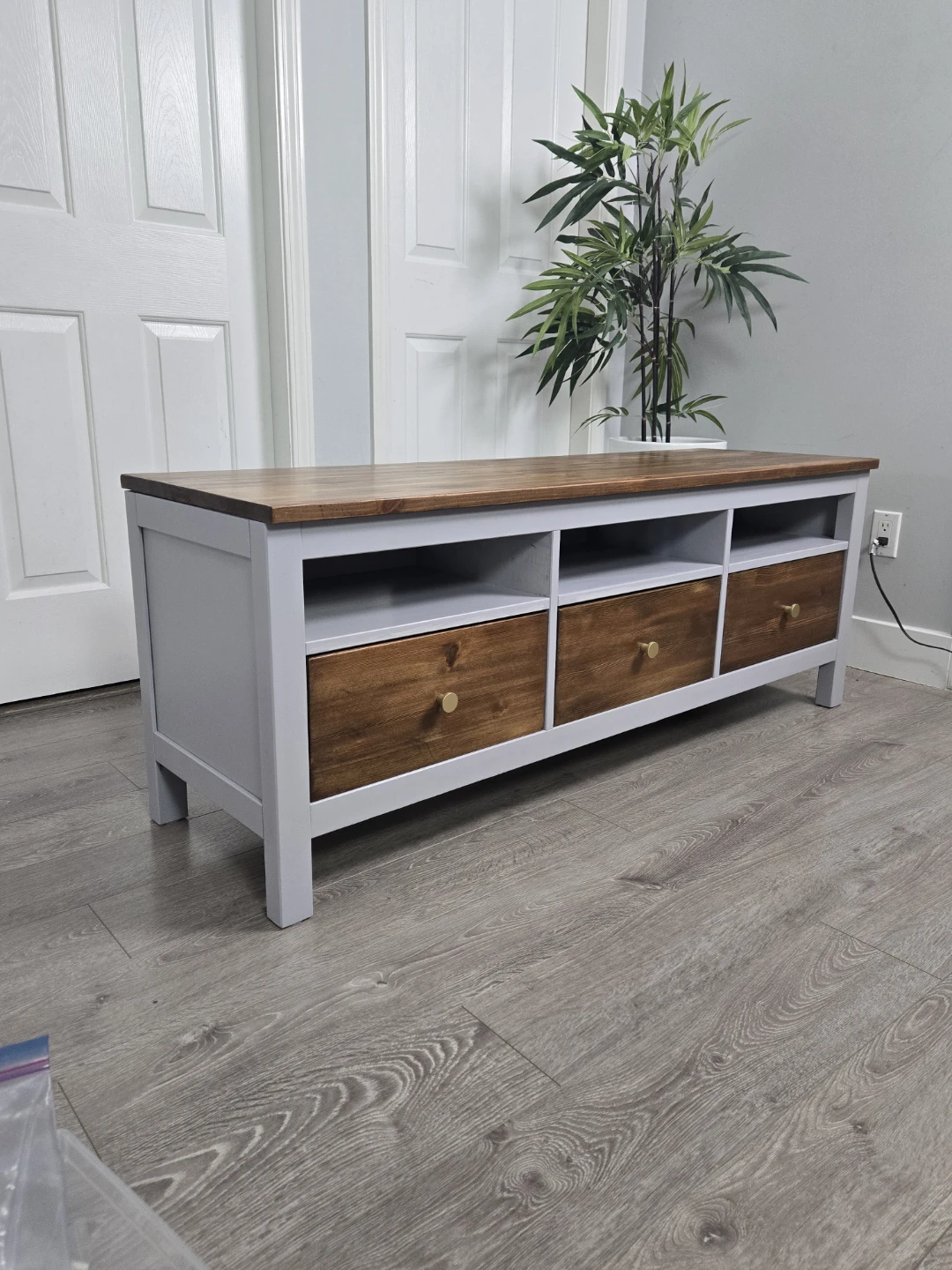 Newly refinished tv bench 3 drawer walnut stain - photo 2