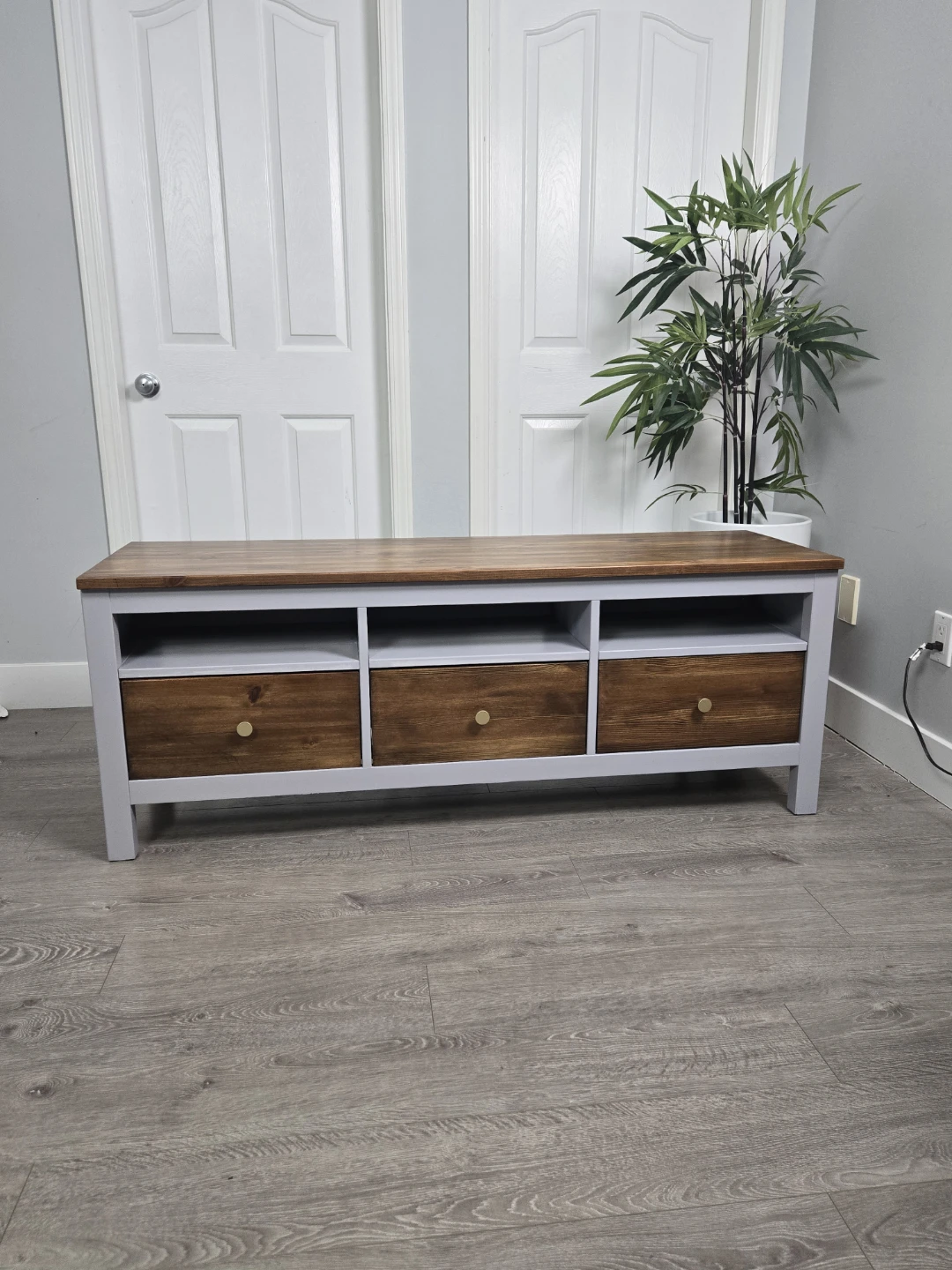 Newly refinished tv bench 3 drawer walnut stain - photo 3
