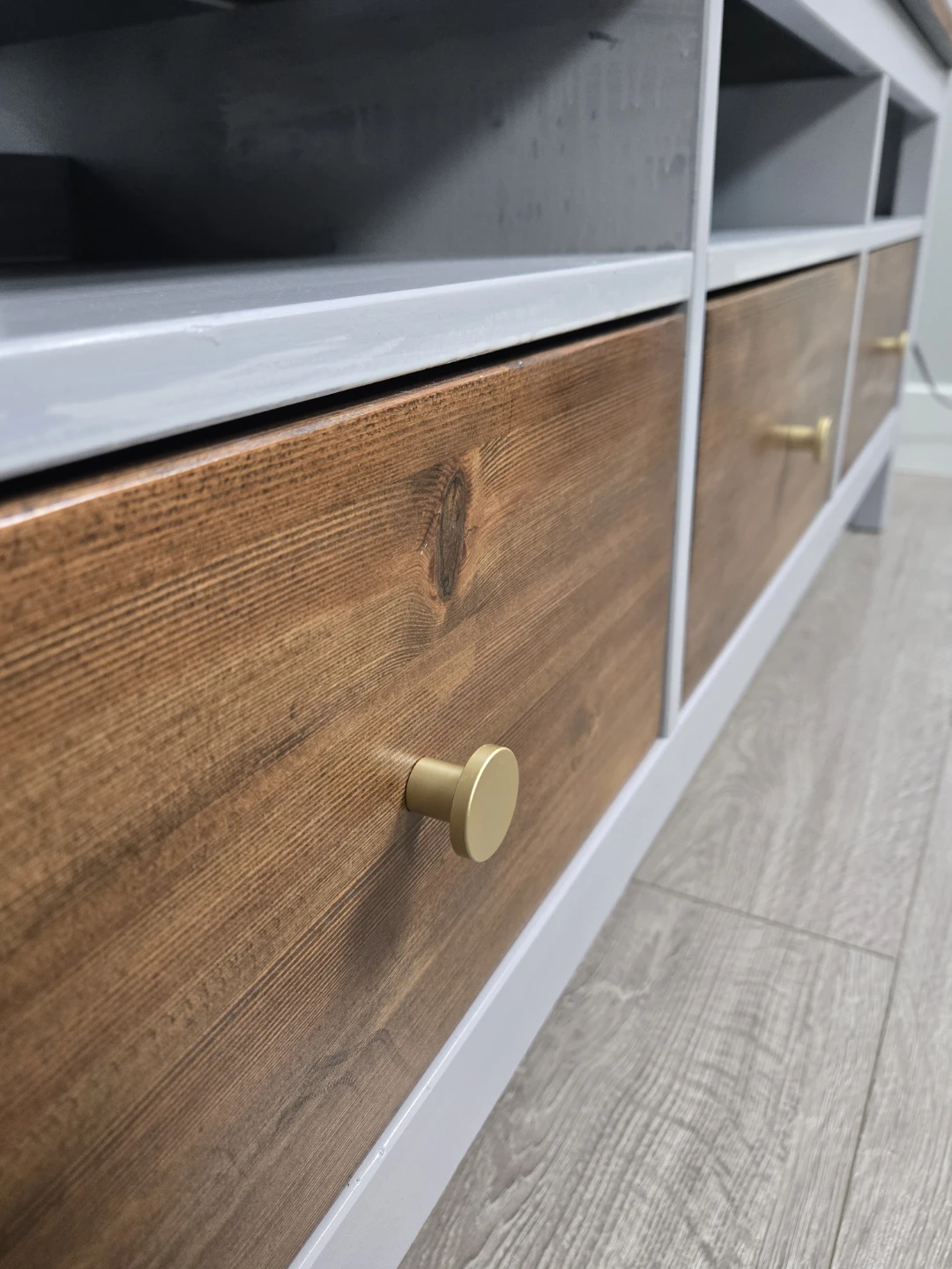 Newly refinished tv bench 3 drawer walnut stain - photo 4