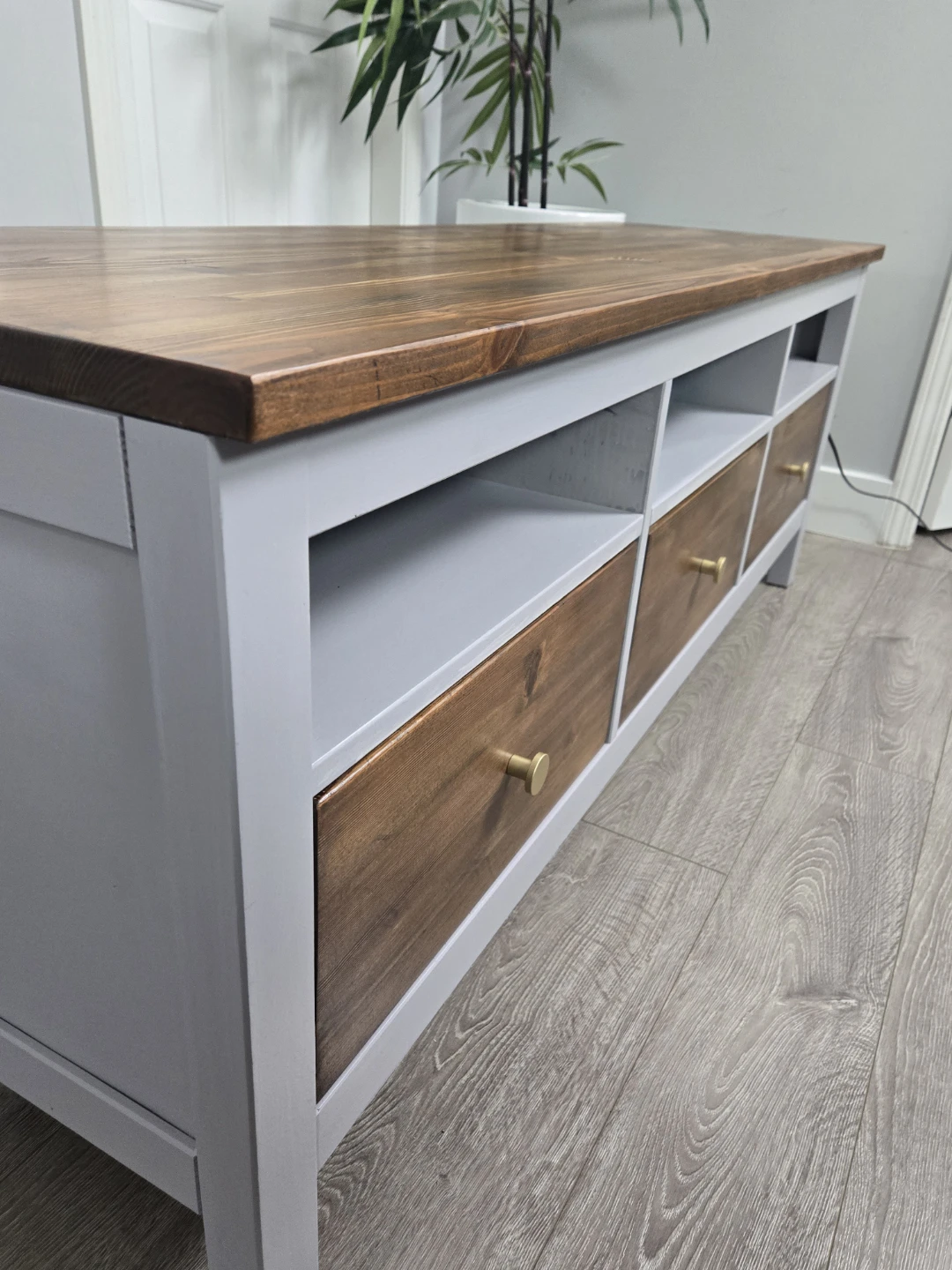 Newly refinished tv bench 3 drawer walnut stain - photo 5