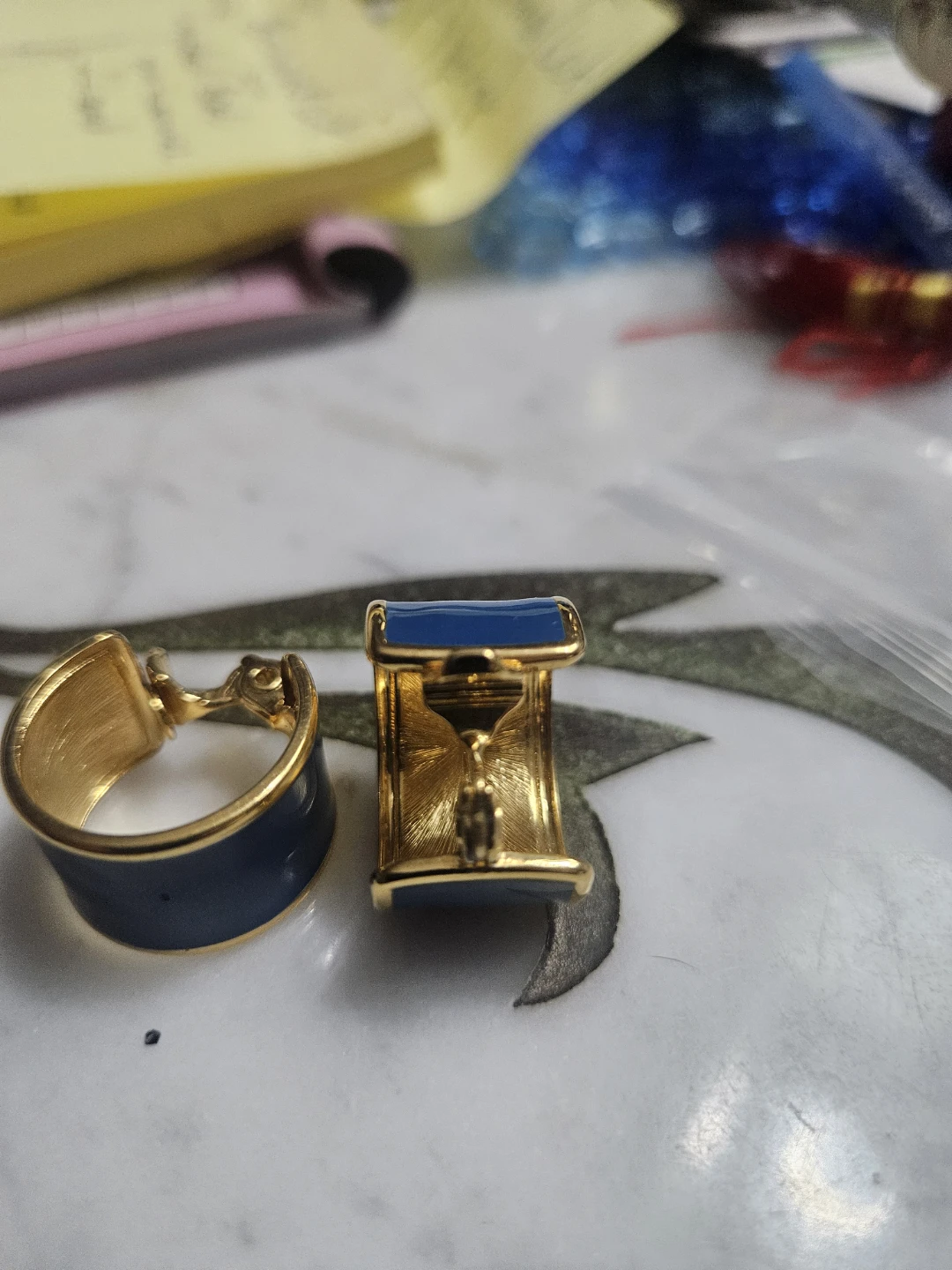 Gold Tone Blue Enamel Hoop  Monet Earrings - photo 2