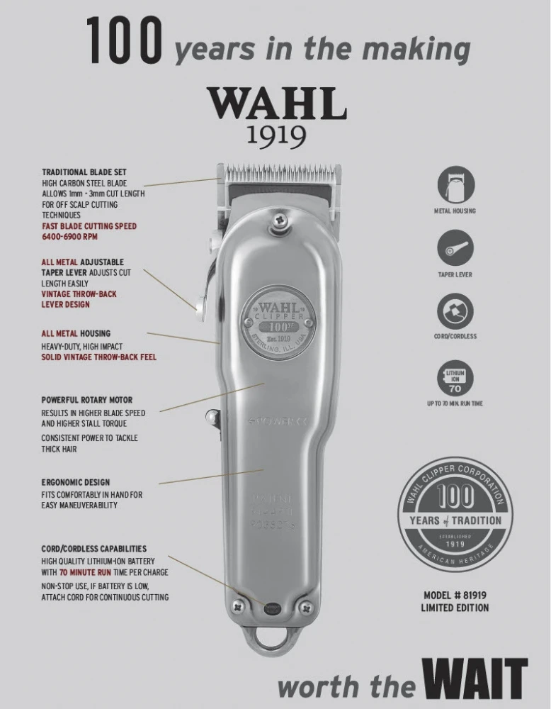 Wahl 1919 100 Year Limited Edition Cordless Clipper - photo 2