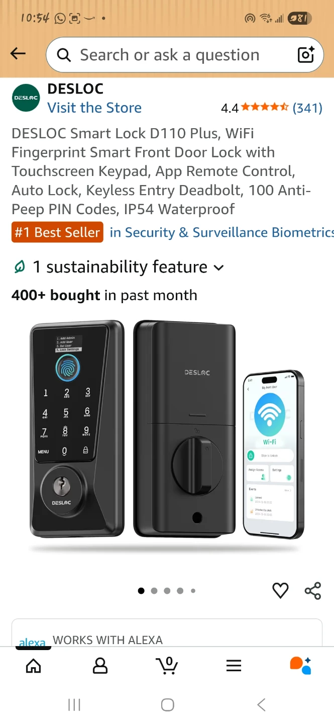 Smart Lock D110 Plus, WiFi Fingerprint Deadbolt - Black