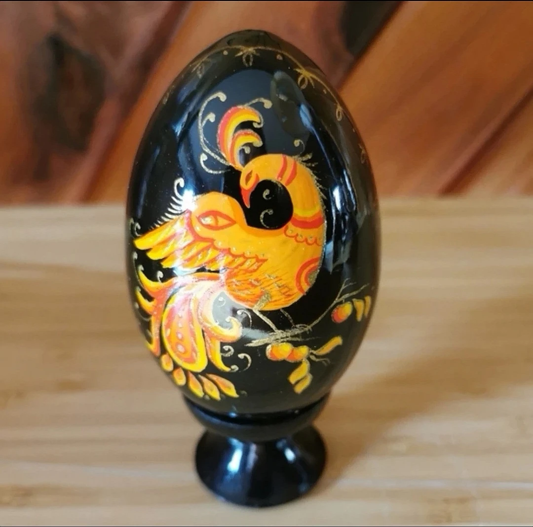 Hand Painted Lacquered Folk Art Egg With Stand