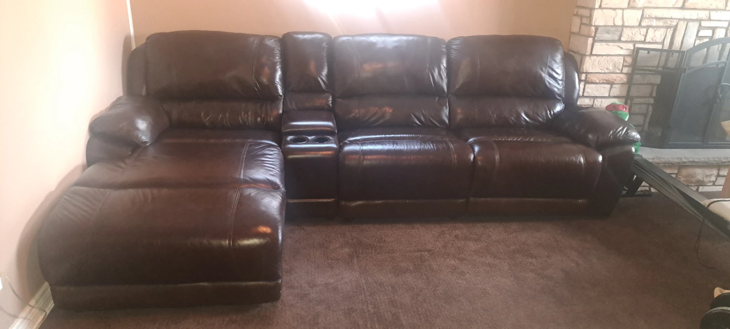 Brown Leather Sectional Sofa with Recliners and Cup Holders
